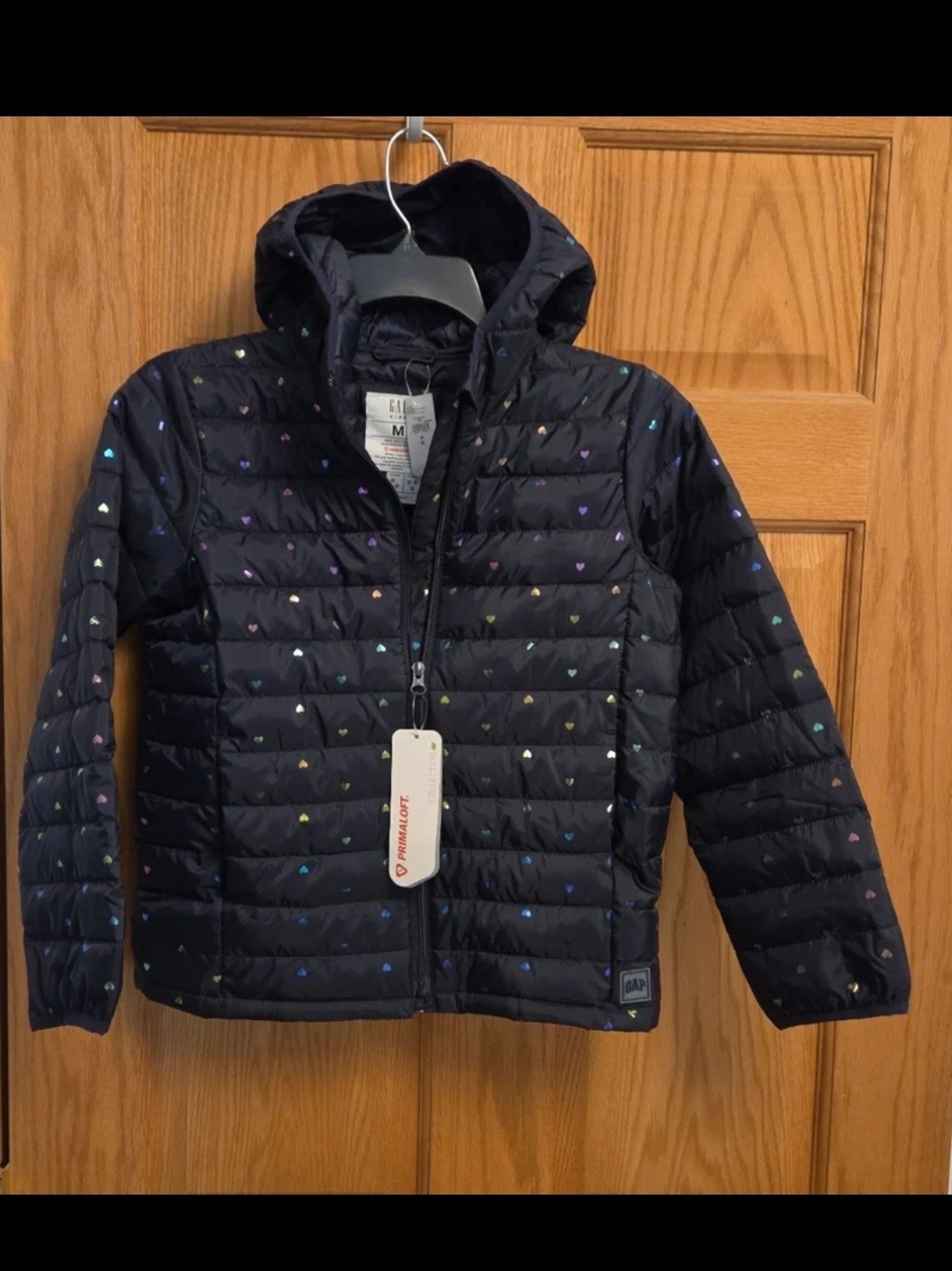 GAP Black Hooded Puffer Jacket with Multicolor Heart Accents